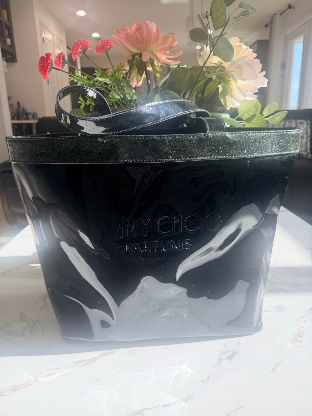 Jimmy Choo Black Patent Vinyl Tote with Embossed Logo
